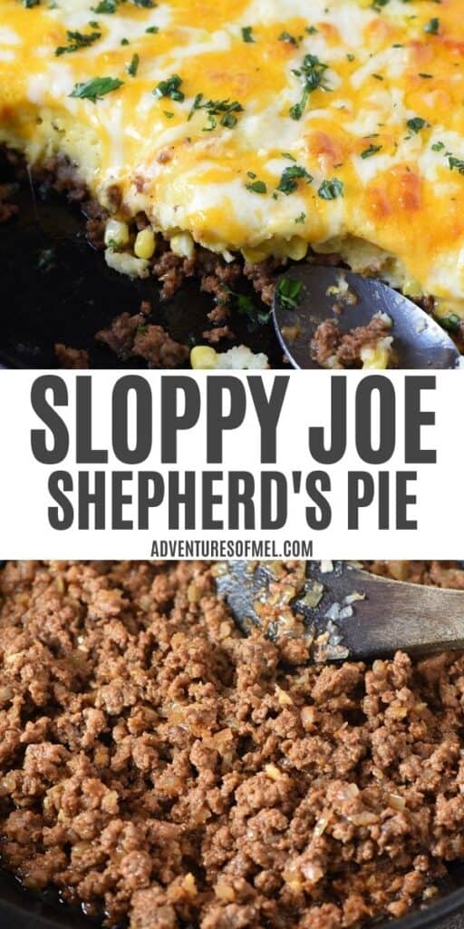 cheesy sloppy joe shepherd's pie scooped in cast iron skillet, sloppy joe meat in skillet