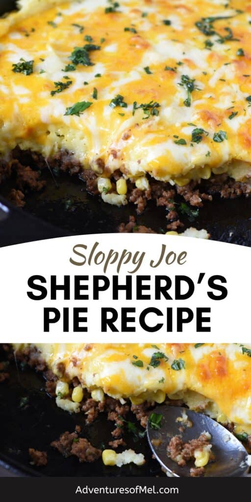 sloppy joe shepherd's pie in cast iron skillet, spoon with shepherd's pie in skillet
