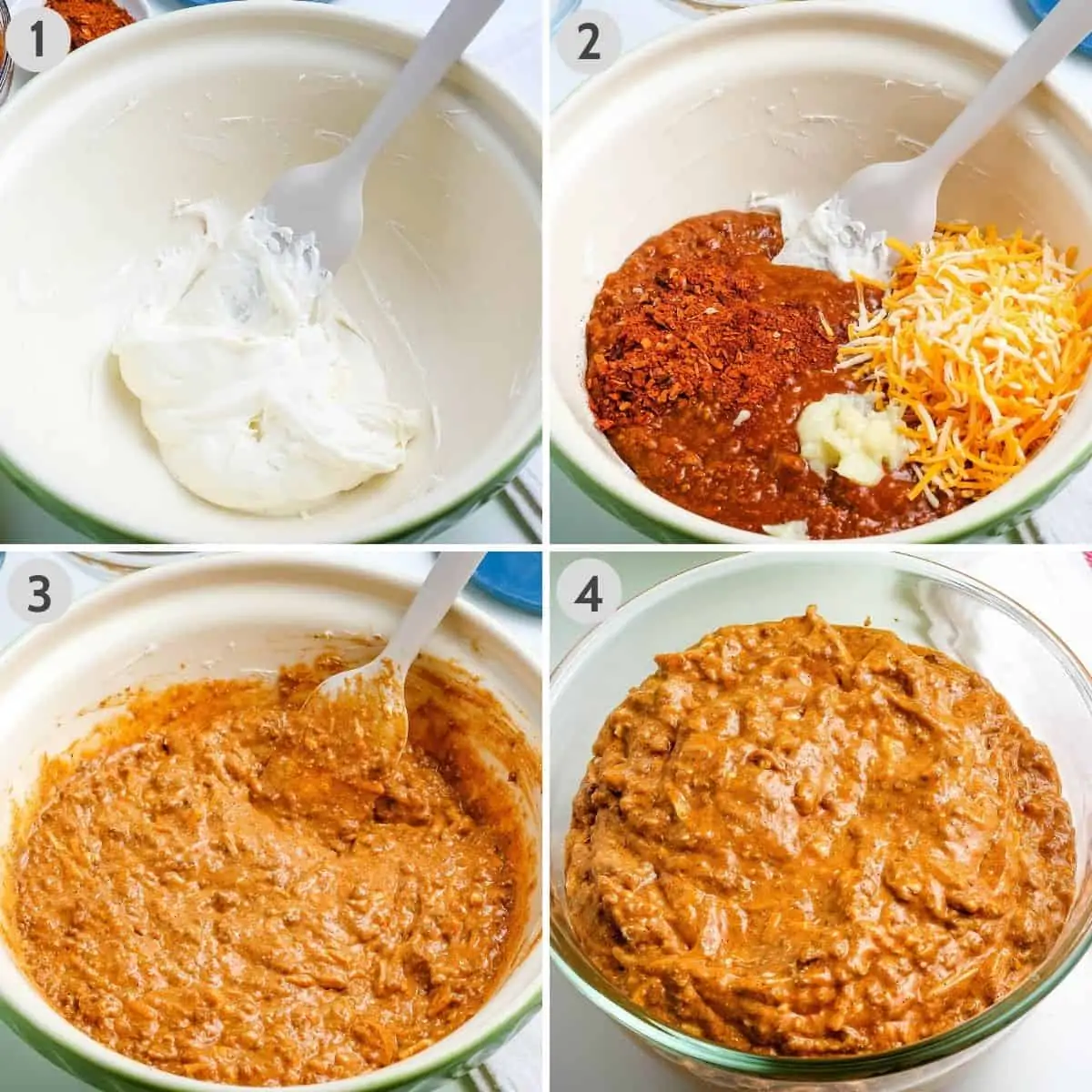 steps for how to make chili cheese dip in green mixing bowl, including 1: whisking cream cheese, 2: adding chili, taco seasoning, garlic, and cheese, 3: stirring everything together, and 4: transferring mixture to microwave-safe bowl.