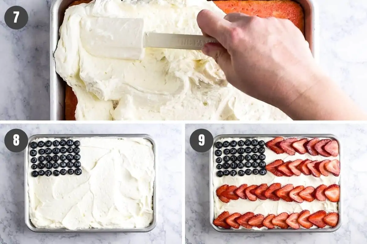 decorating American flag cake with whipped cream, blueberries, and strawberries