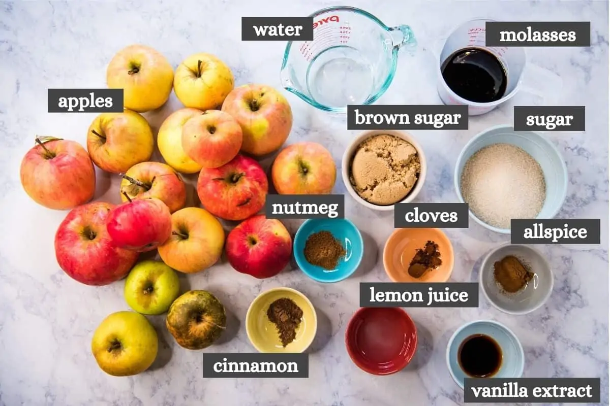 ingredients for quick apple butter recipe on white marble countertop