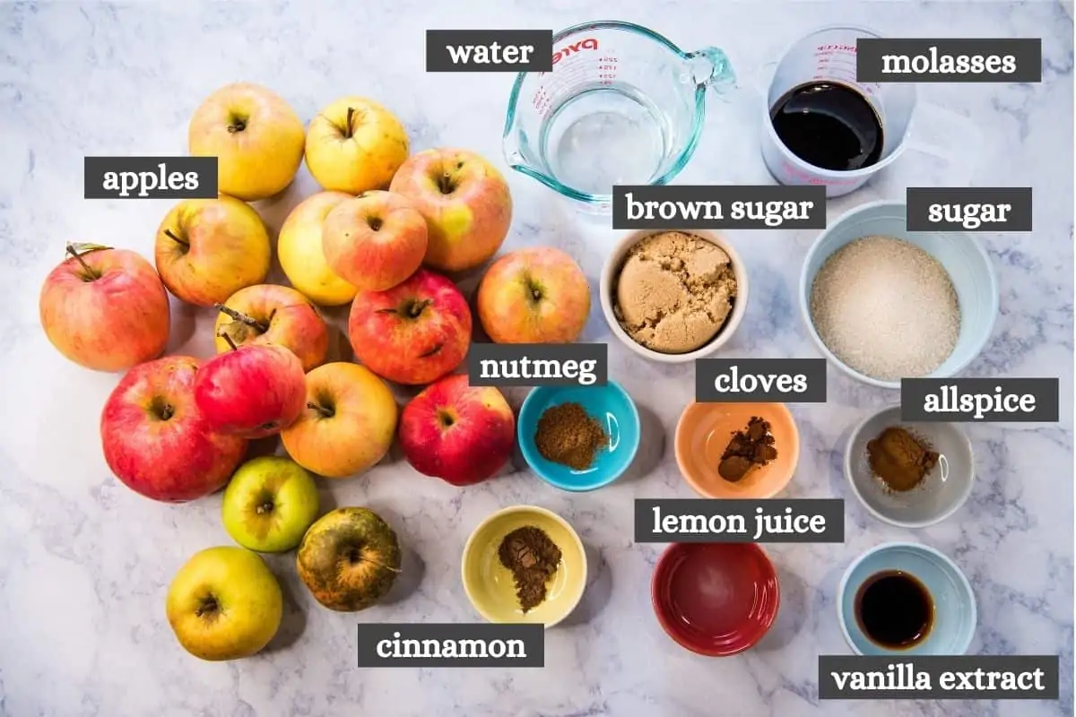 ingredients for stovetop apple butter recipe on white marble countertop