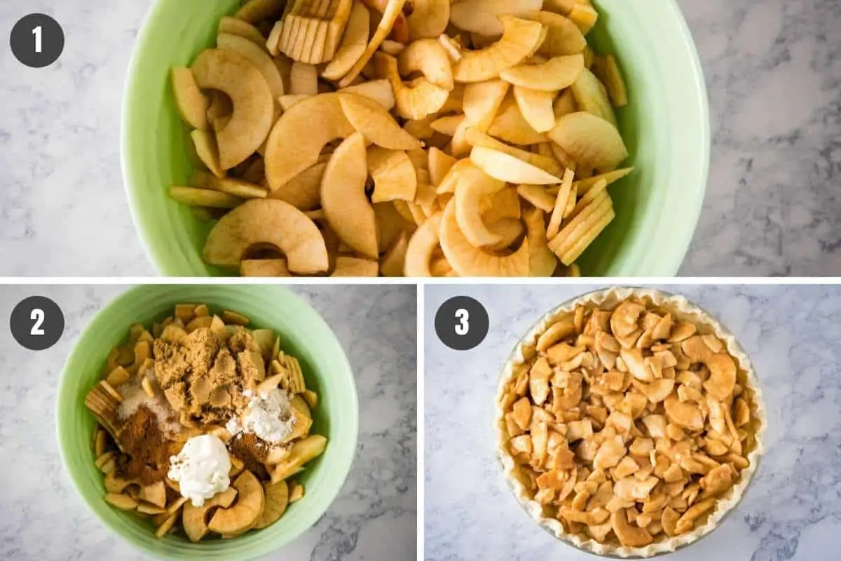 steps for how to make apple crumb pie, including mixing sliced apples with sugar, spices, and sour cream in mint green mixing bowl, then pouring apple pie filling into pie crust