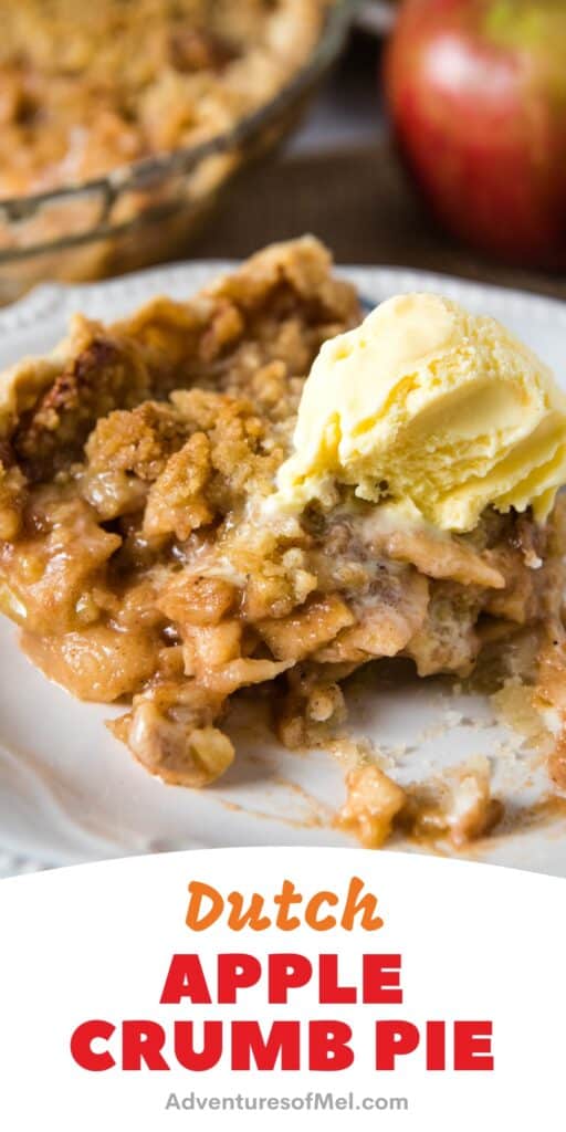 half eaten slice of Dutch apple crumb pie with scoop of vanilla ice cream on white plate