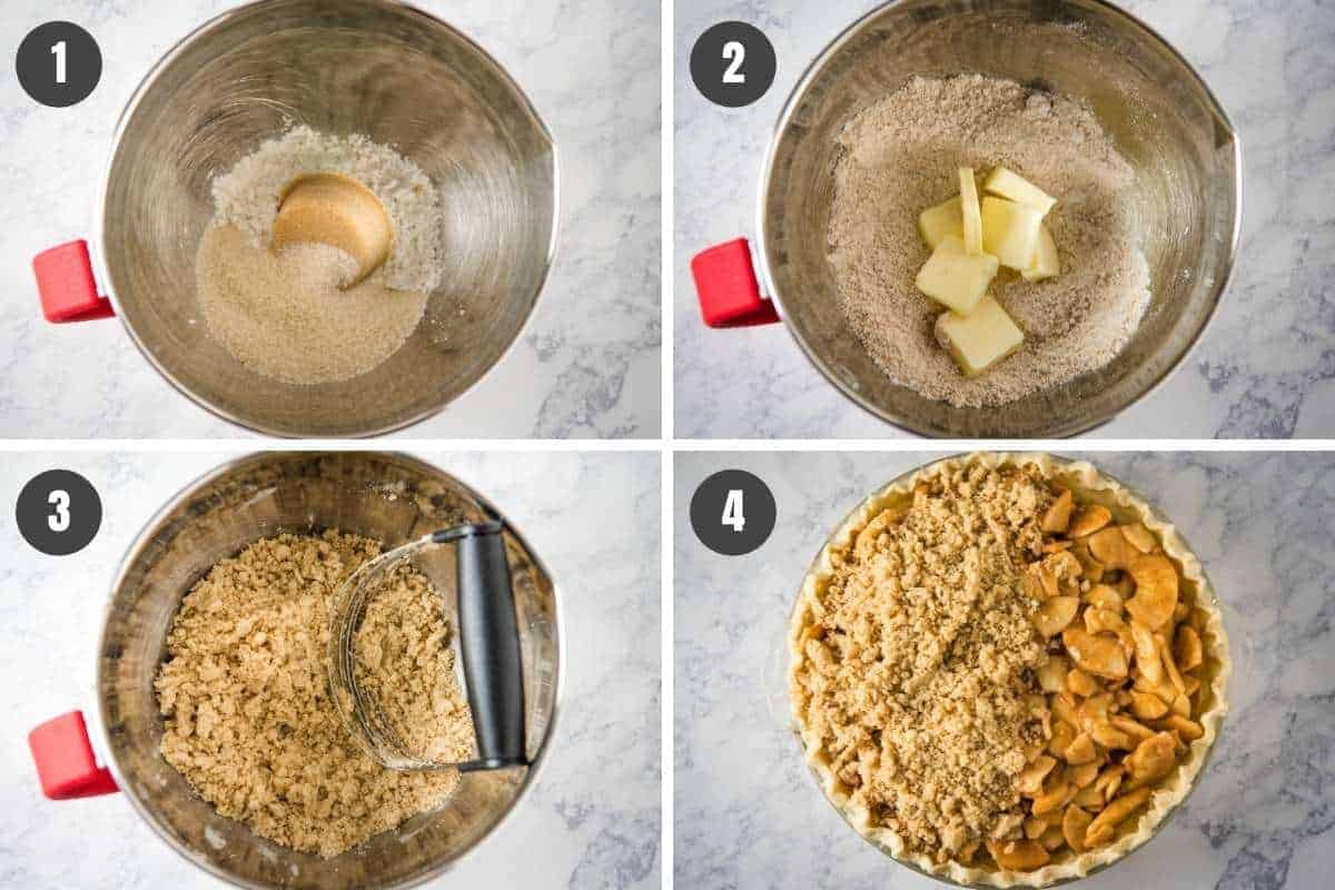 how to make Dutch apple pie topping, including mixing sugar and flour with cold butter, then crumbling over apple pie