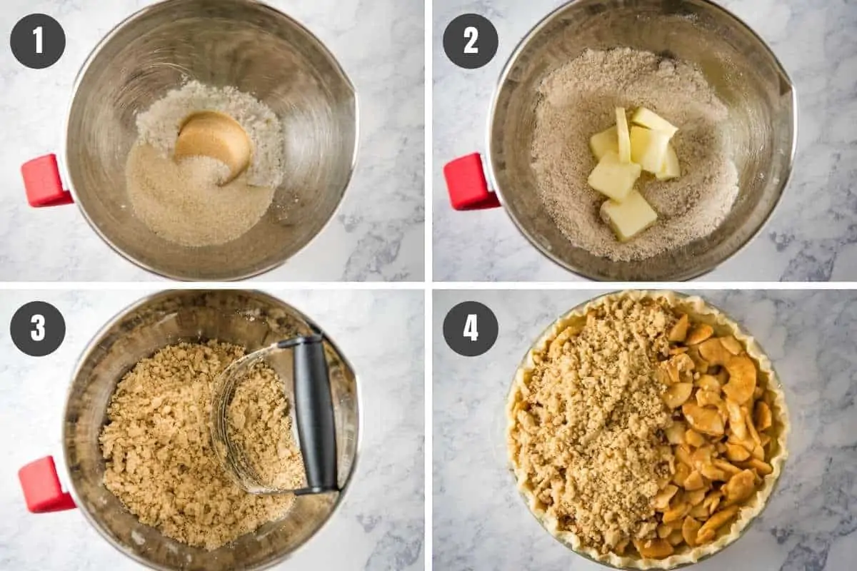 how to make Dutch apple pie topping, including mixing sugar and flour with cold butter, then crumbling over apple pie