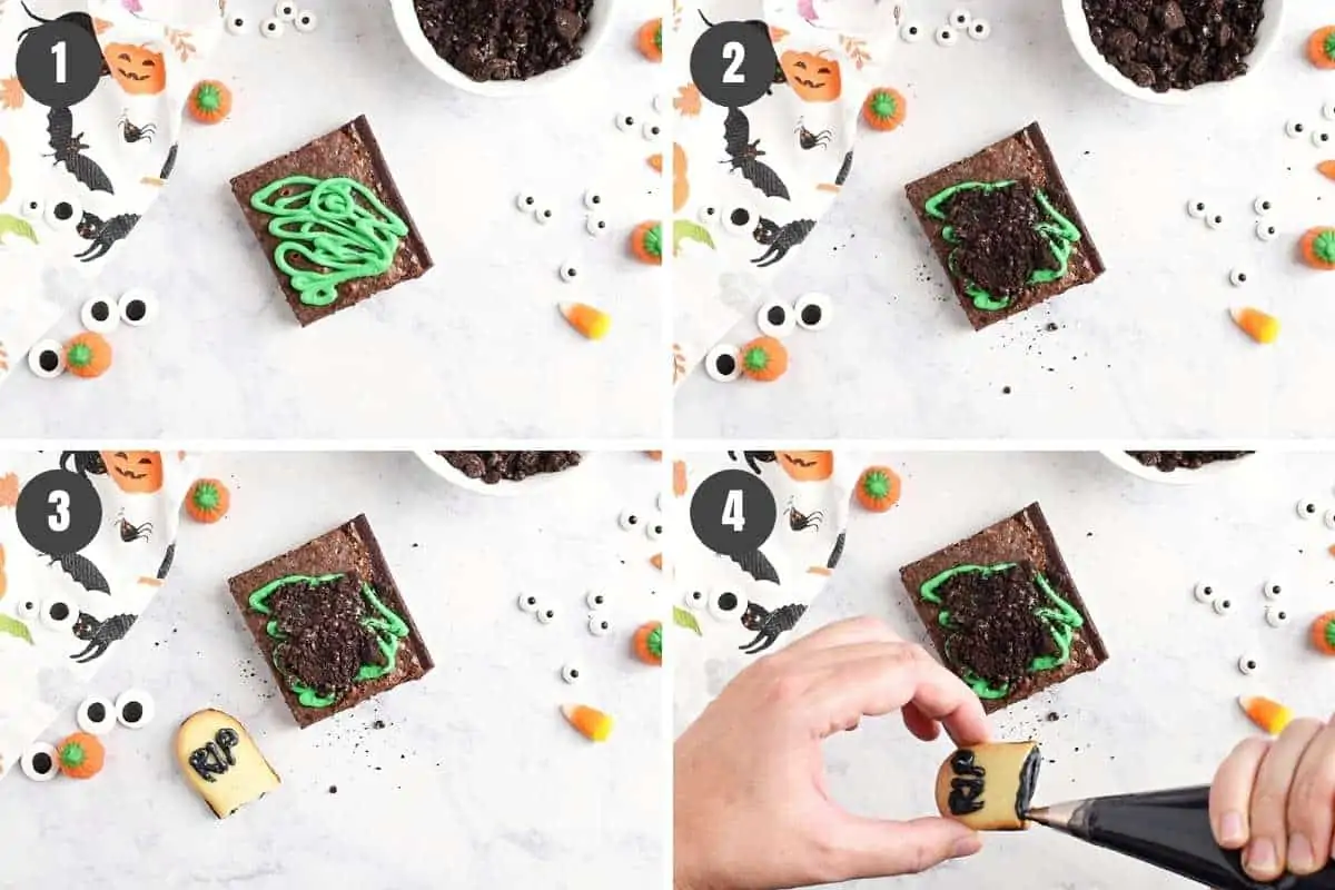 steps for how to make graveyard brownies, including adding icing, crushed Oreos, and RIP Milano cookie graves