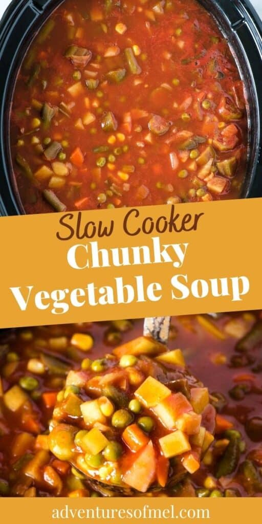 slow cooker full of vegetable soup, chunky vegetable soup up close in ladle