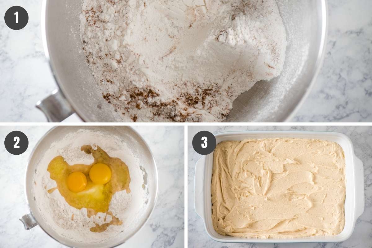 steps for how to make pumpkin gooey butter cake crust in stainless mixing bowl and spread in white baking dish