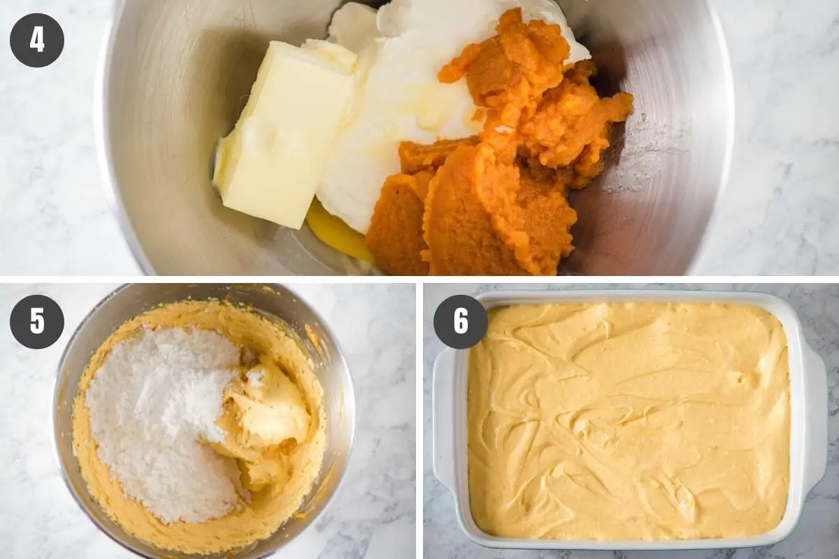 steps for how to make pumpkin gooey butter cake, with mixing ingredients in stainless mixing bowl and spreading batter in white baking dish