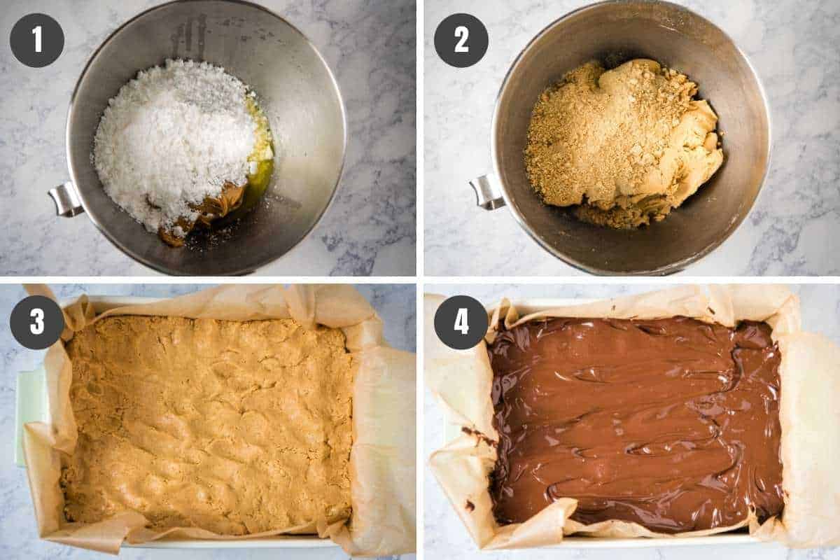 steps for how to make buckeye bars, mixing ingredients in mixing bowl and layering peanut butter mixture then melted chocolate