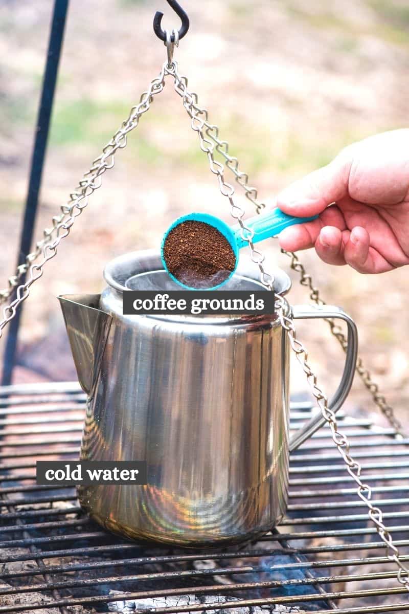 how to make campfire coffee, ingredients with stainless steel percolator on grate over fire