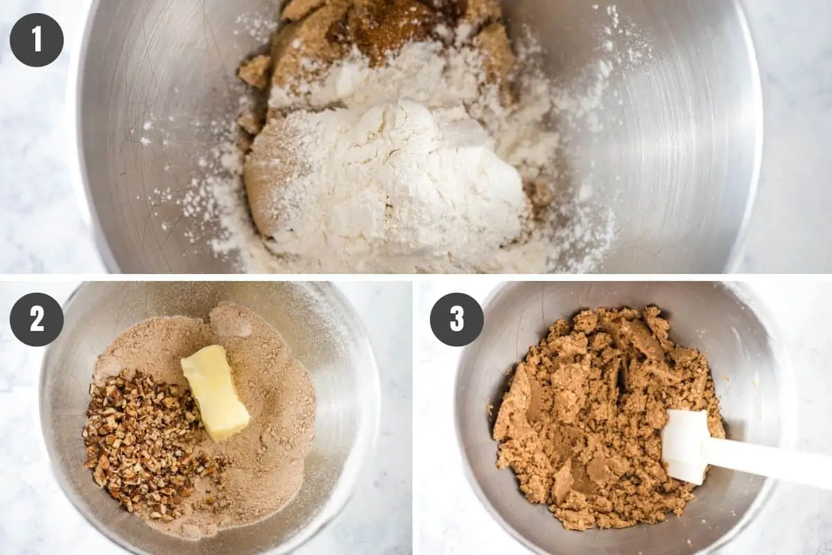 mixing up coffee streusel cake topping in KitchenAid mixing bowl