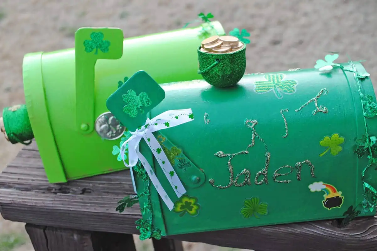 shamrock garland decorated leprechaun boxes for St. Patty's Day
