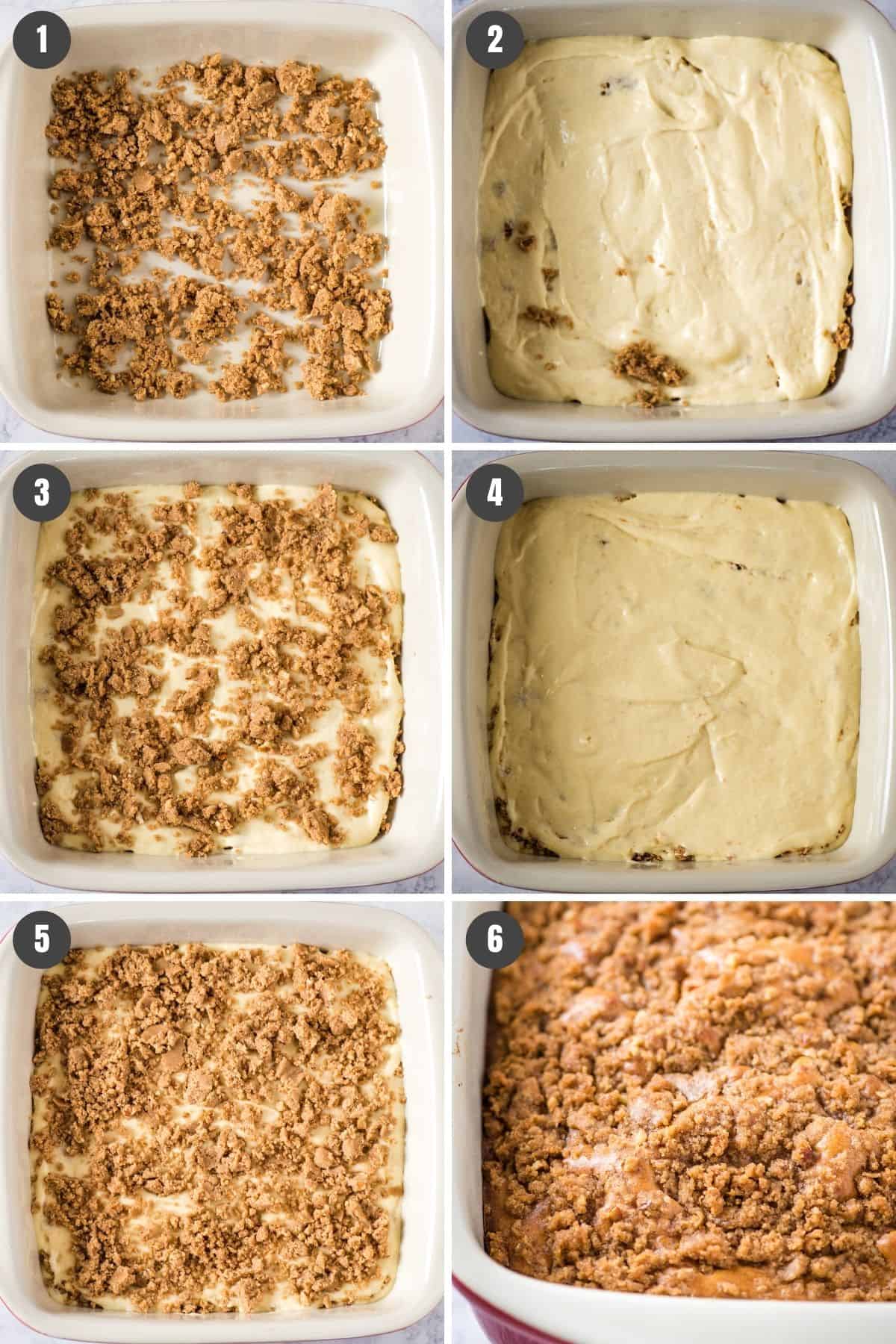 how to layer praline coffee cake in 8x8 baking dish, baked coffee cake in baking dish