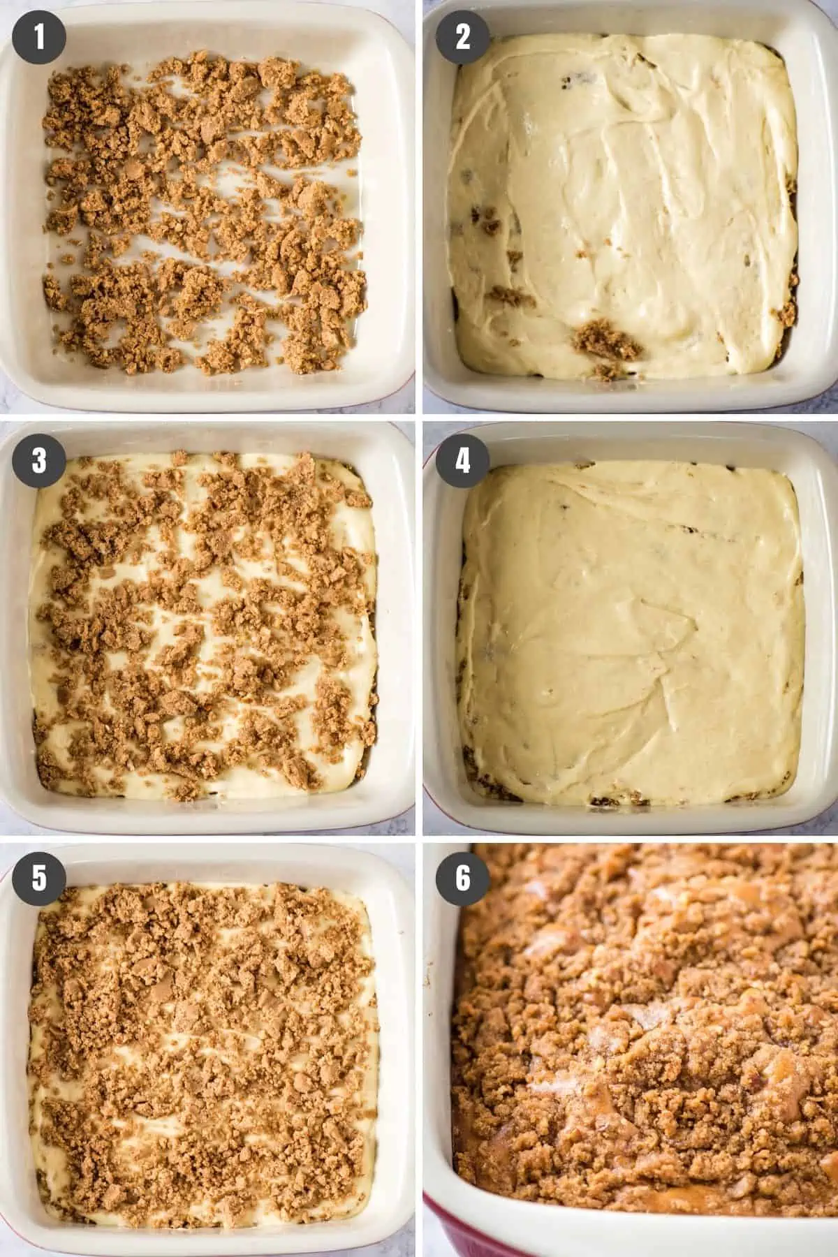 how to layer praline coffee cake in 8x8 baking dish, baked coffee cake in baking dish