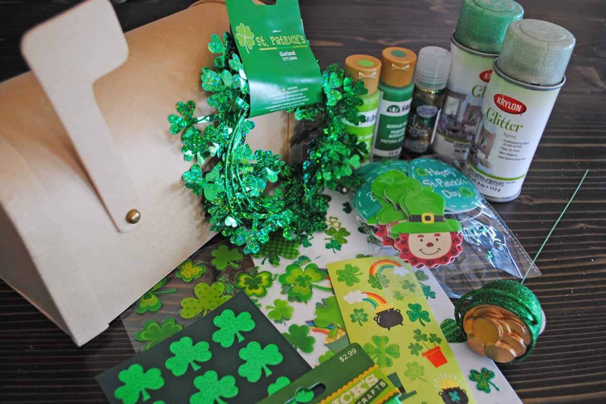 craft supplies needed to make St. Patty's Day leprechaun boxes with kids
