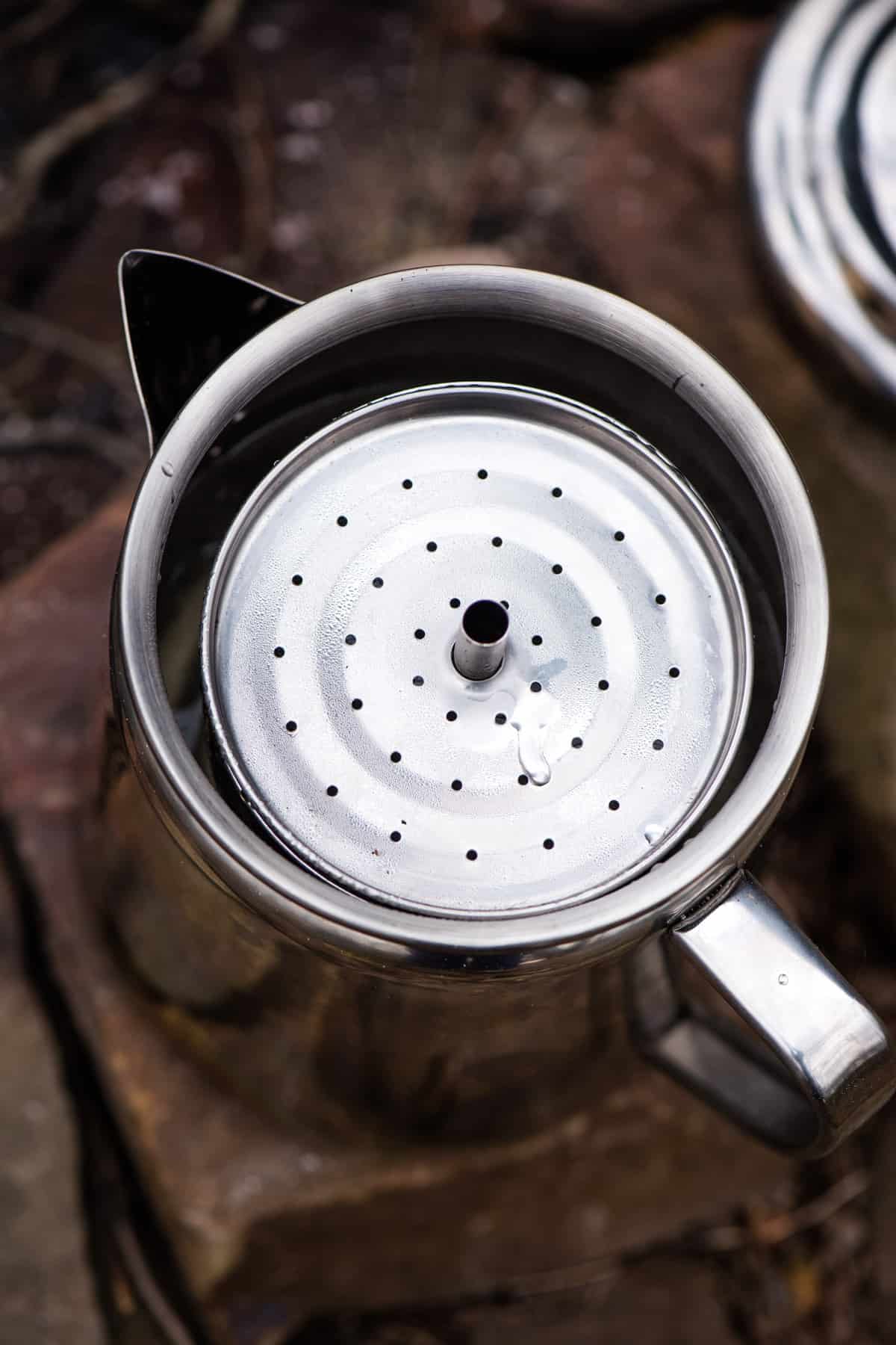 percolator basket with stem assembled in stainless steel camping percolator