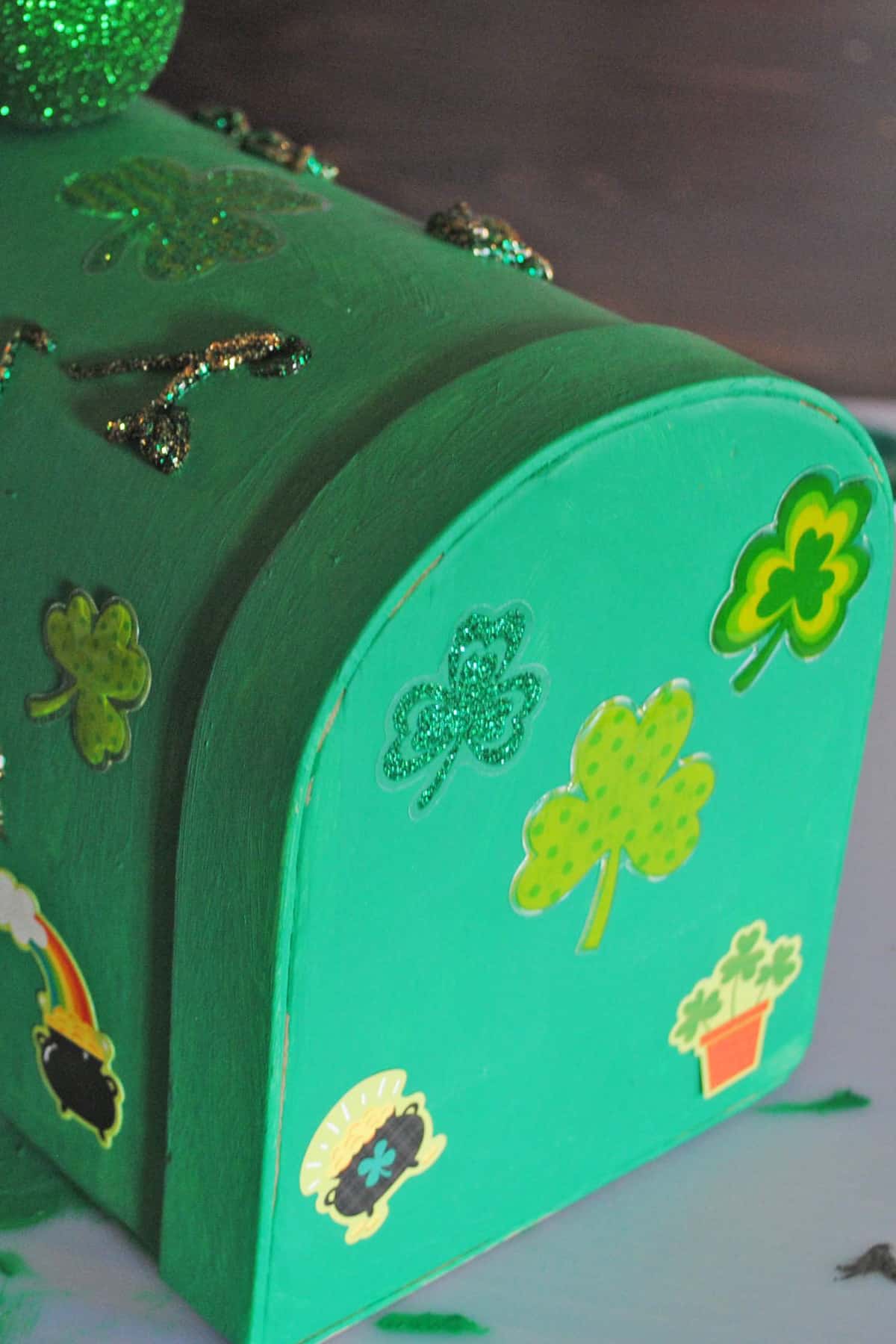 St. Patty's Day stickers on green leprechaun mailbox
