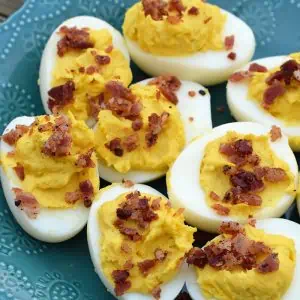 bacon Ranch deviled eggs on blue plate