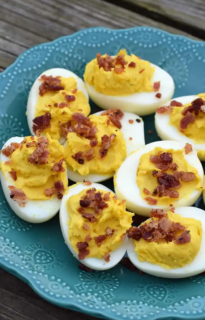 bacon Ranch deviled eggs on blue plate