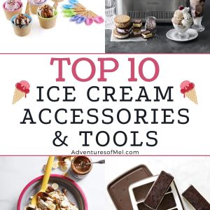 ice cream accessories and tools, including bowls, ice cream makers, and ice cream sandwich maker