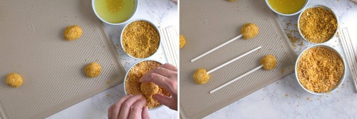 rolling cookie balls in cereal and golden sugar, then placing on cookie sheet with sticks in each one