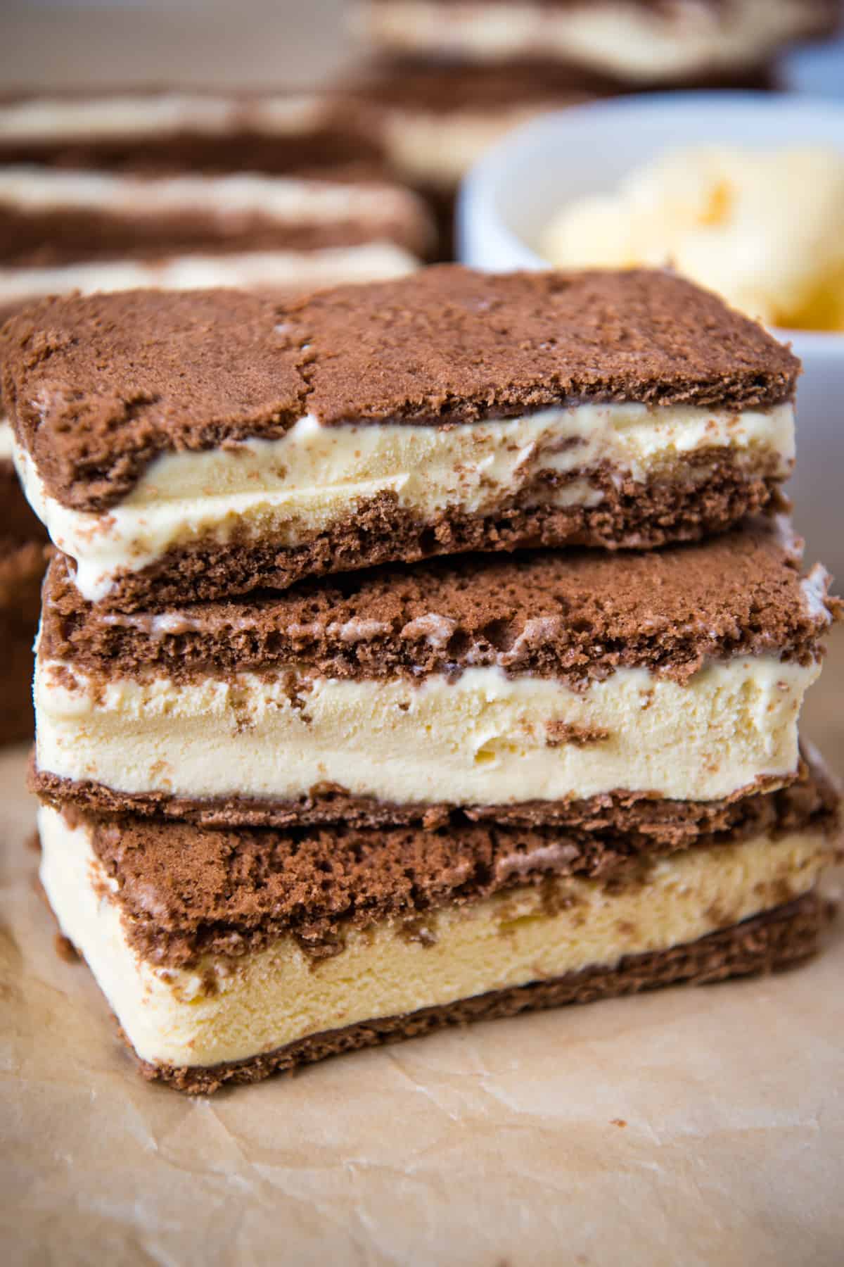 stack of homemade gluten-free ice cream sandwiches on parchment paper