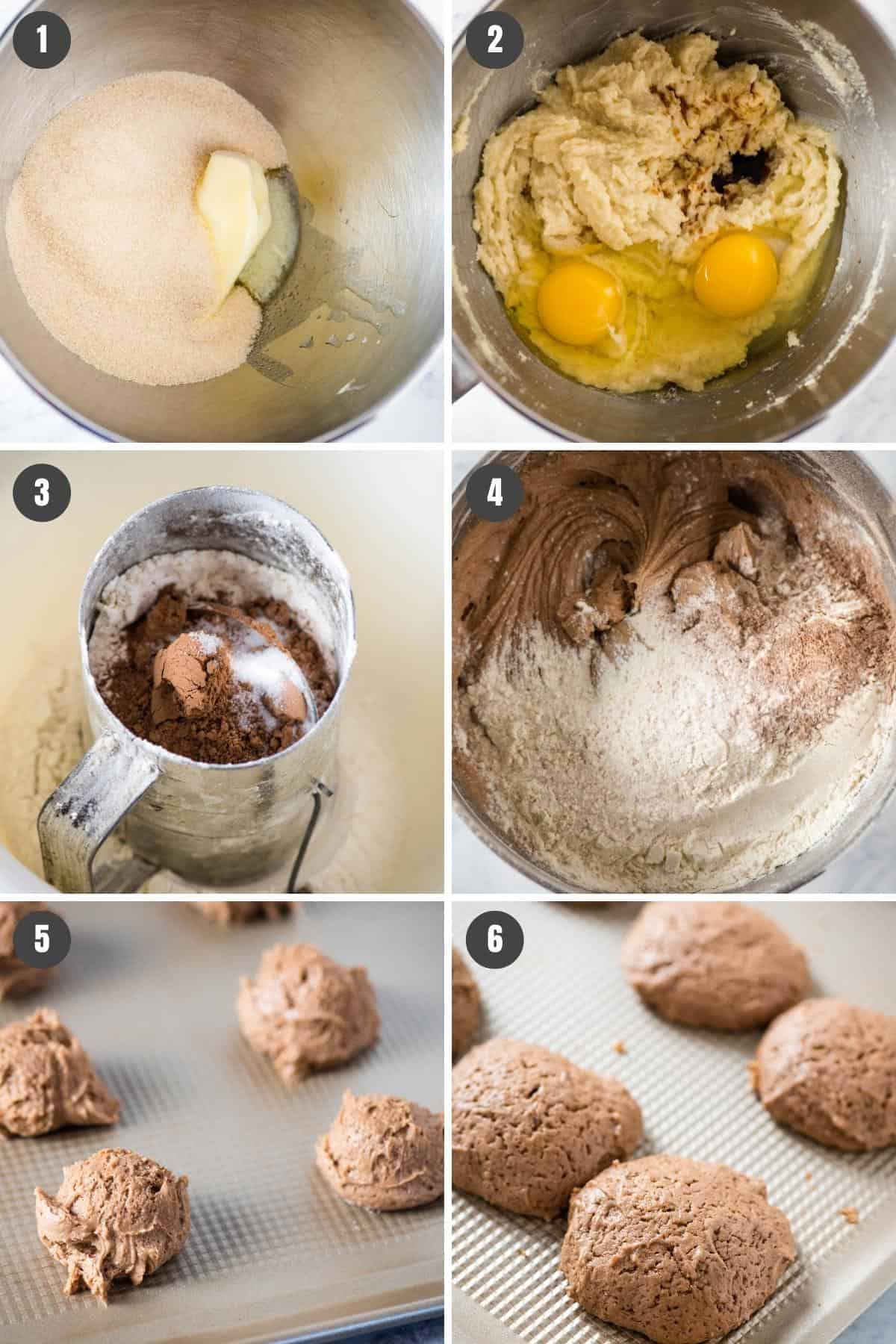 steps for how to make chocolate whoopie pie recipe in KitchenAid bowl, mixing butter and sugar, eggs and vanilla, dry ingredients and milk, scooping cookies, and baking on cookie sheet