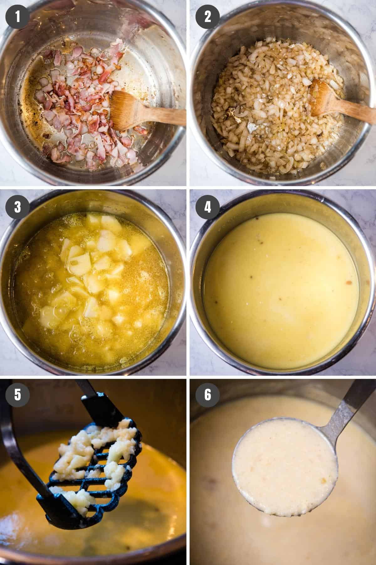 steps for how to make potato soup in Instant Pot, including cooking bacon, onions, potatoes with broth, adding milk and cream, then mashing potatoes and ladling soup