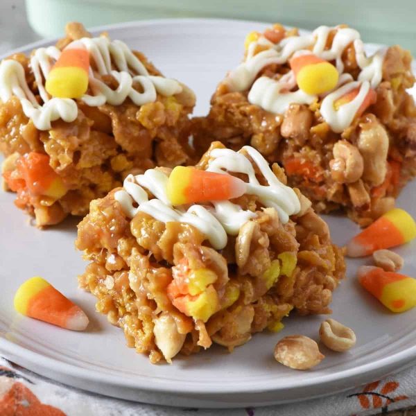 No Bake Peanut Butter Bars with Candy Corn on gray plate
