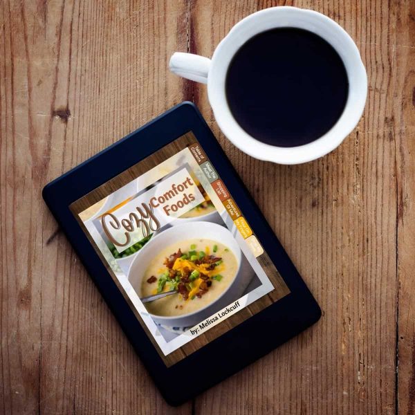 Cozy Comfort Foods Cookbook on tablet with cup of coffee