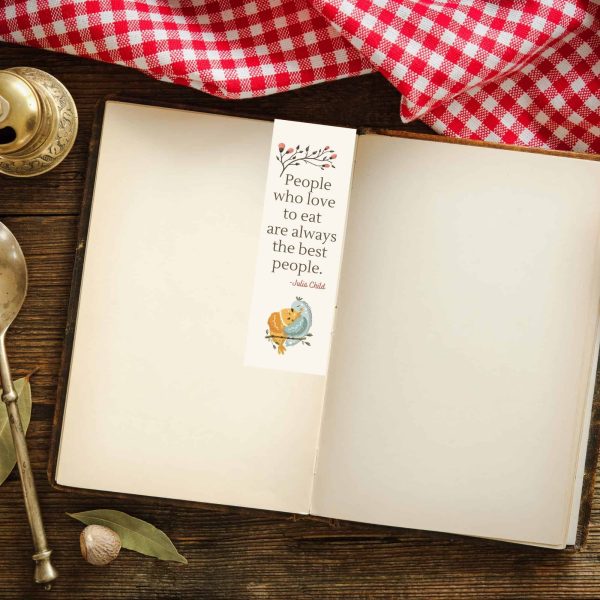 printable Julia Child bookmark in blank book with red checked tablecloth