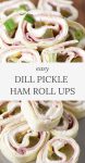 dill pickle ham roll ups piled on wooden cutting board and gray plate
