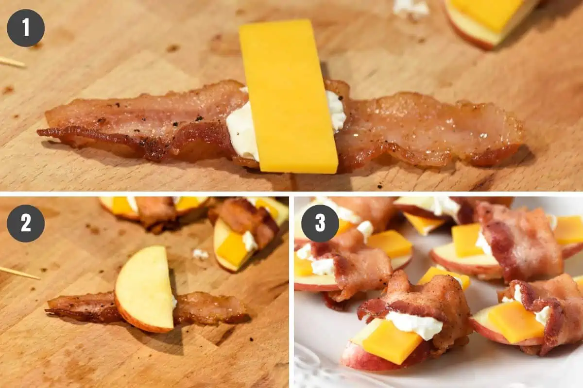 steps for how to make bacon wrapped apples and cheese on wooden cutting board