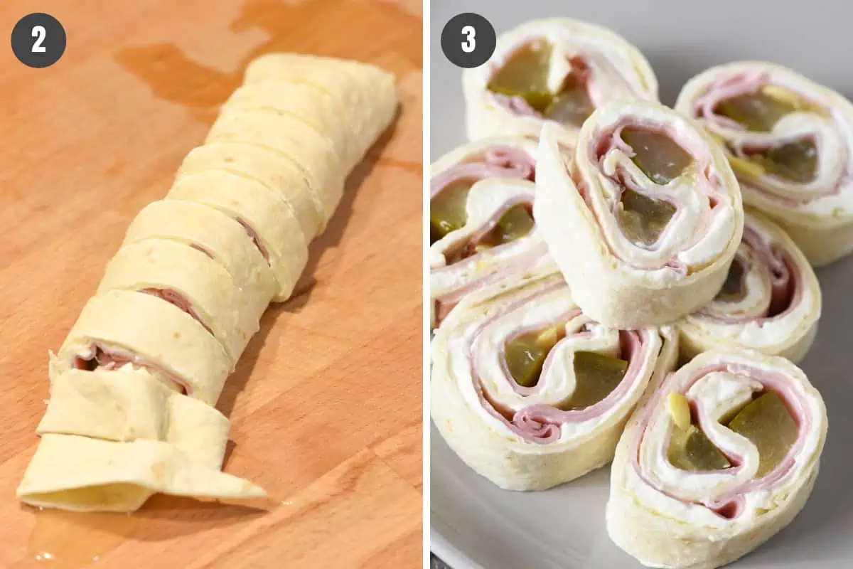 how to roll and slice dill pickle ham roll ups for serving on plate