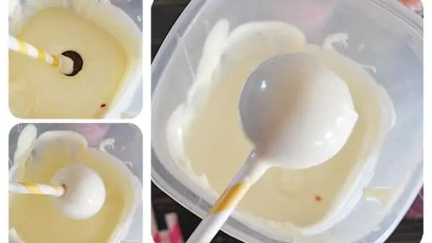 dipping Valentines cake pops into melted white candy melts