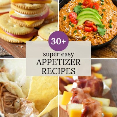easy appetizer recipes, including apple and cheese crackers, chili cheese dip, bbq chicken dip with tortilla chips, bacon wrapped apples and cheese