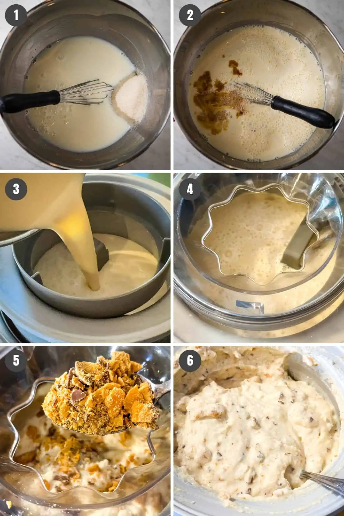steps for how to make homemade butterfinger ice cream in mixing bowl and ice cream freezer