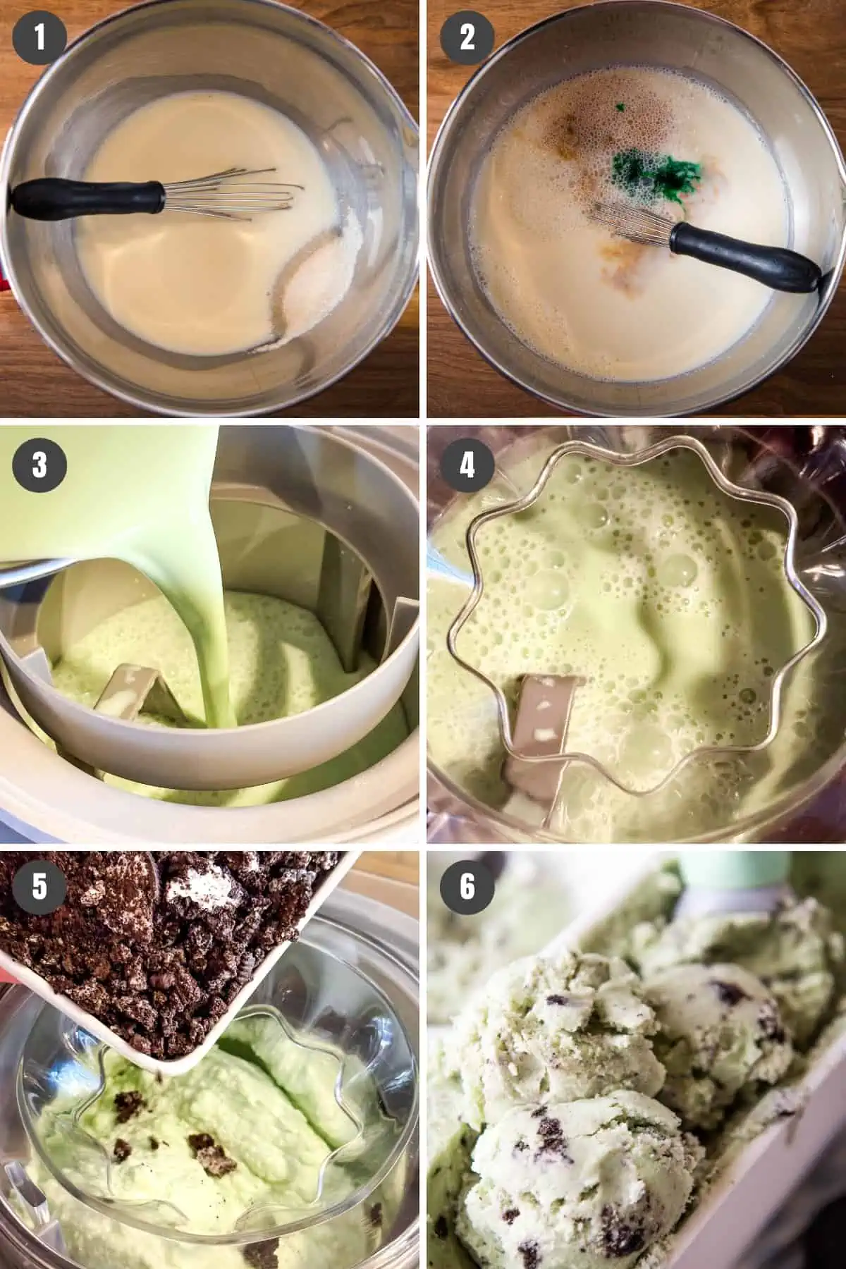 6 steps for how to make mint Oreo ice cream, including mixing and freezing in ice cream maker