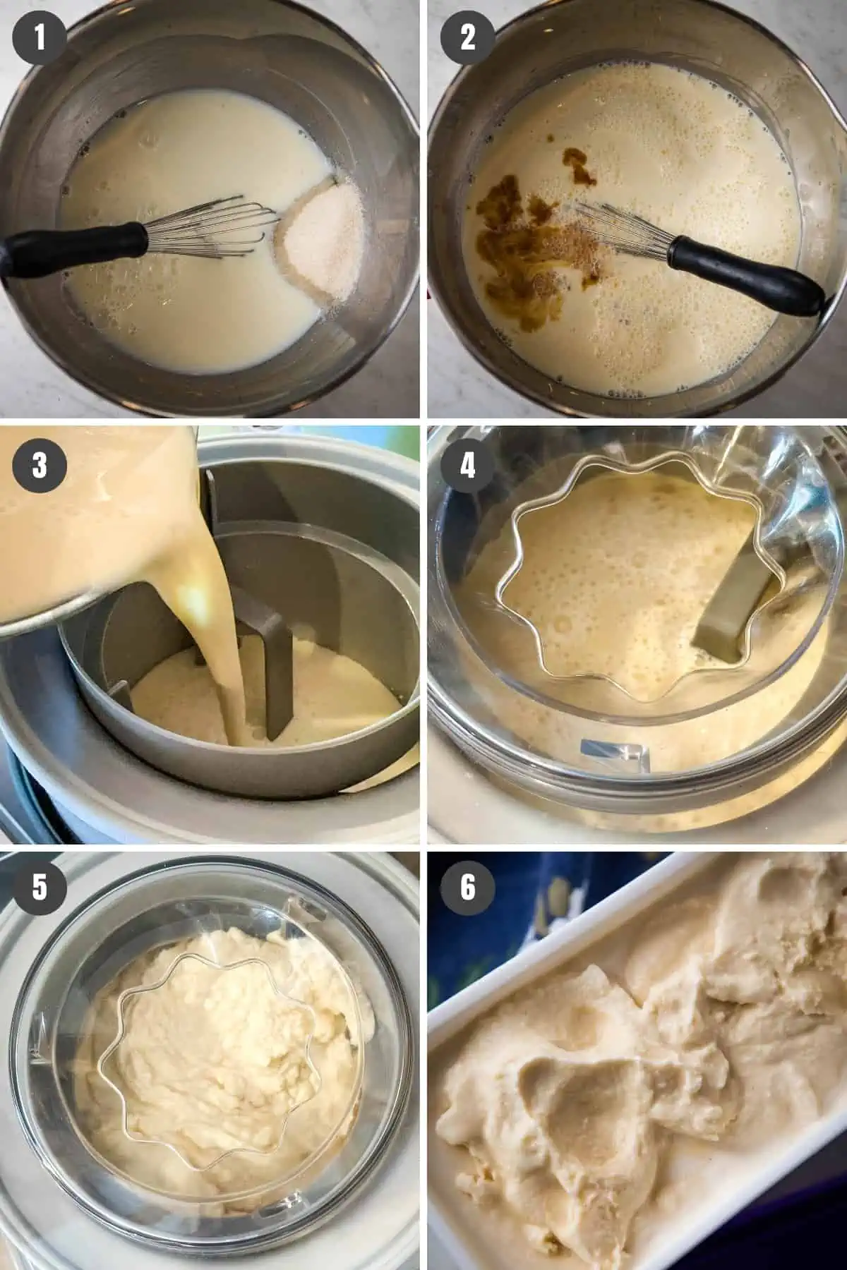 steps for how to make raw milk ice cream by mixing ingredients in mixing bowl, then pouring into freezer and freezing 'til thickens