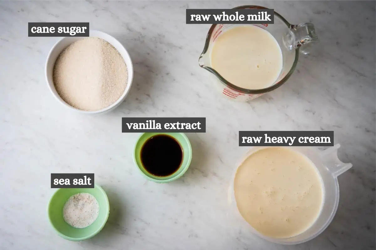 raw milk ice cream ingredients on white marble countertop in small bowls and measuring cups
