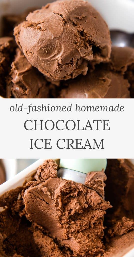 scoops of homemade chocolate ice cream and ice cream scoop scooping chocolate ice cream