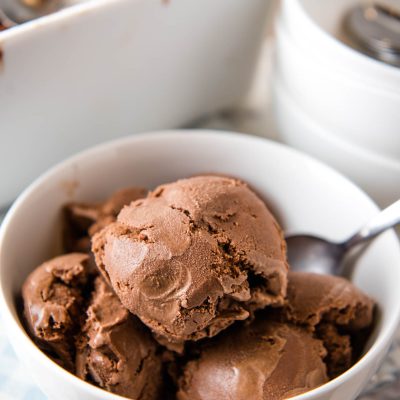 white bowl with scoops of old-fashioned homemade chocolate ice cream and spoon