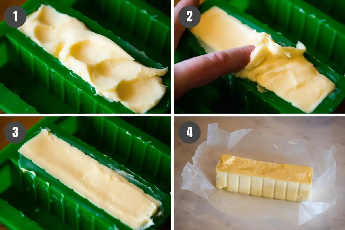 steps for how to make homemade salted butter into sticks, including putting butter in green silicone butter stick mold, leveling, freezing, and wrapping in wax paper