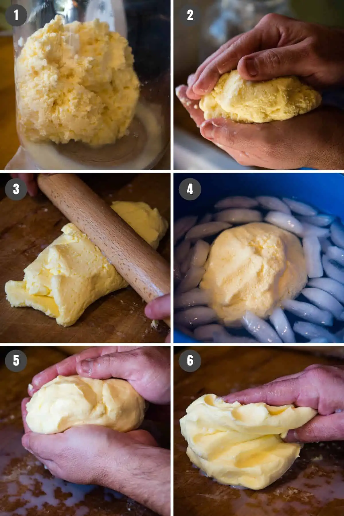 how to make butter from raw milk by taking churned butter in churn, then hands alternating squeezing milk out of butter, rolling milk out of butter with rolling pin, and butter in ice bath