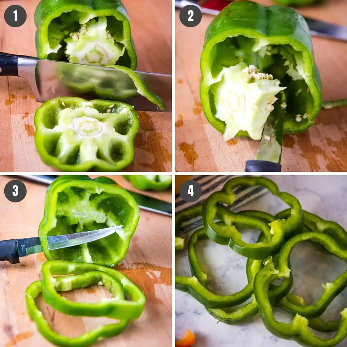steps for how to cut peppers into rings, including cutting the top off a green bell pepper, coring the pepper, and slicing into rings on butcher block cutting board