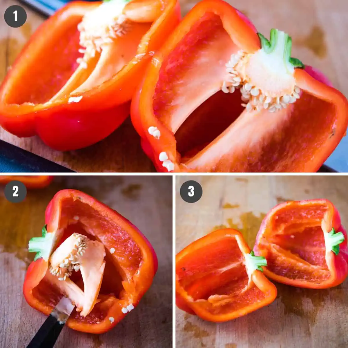 steps for how to cut a pepper into halves, including cutting and coring a red bell pepper on a butcher block cutting board