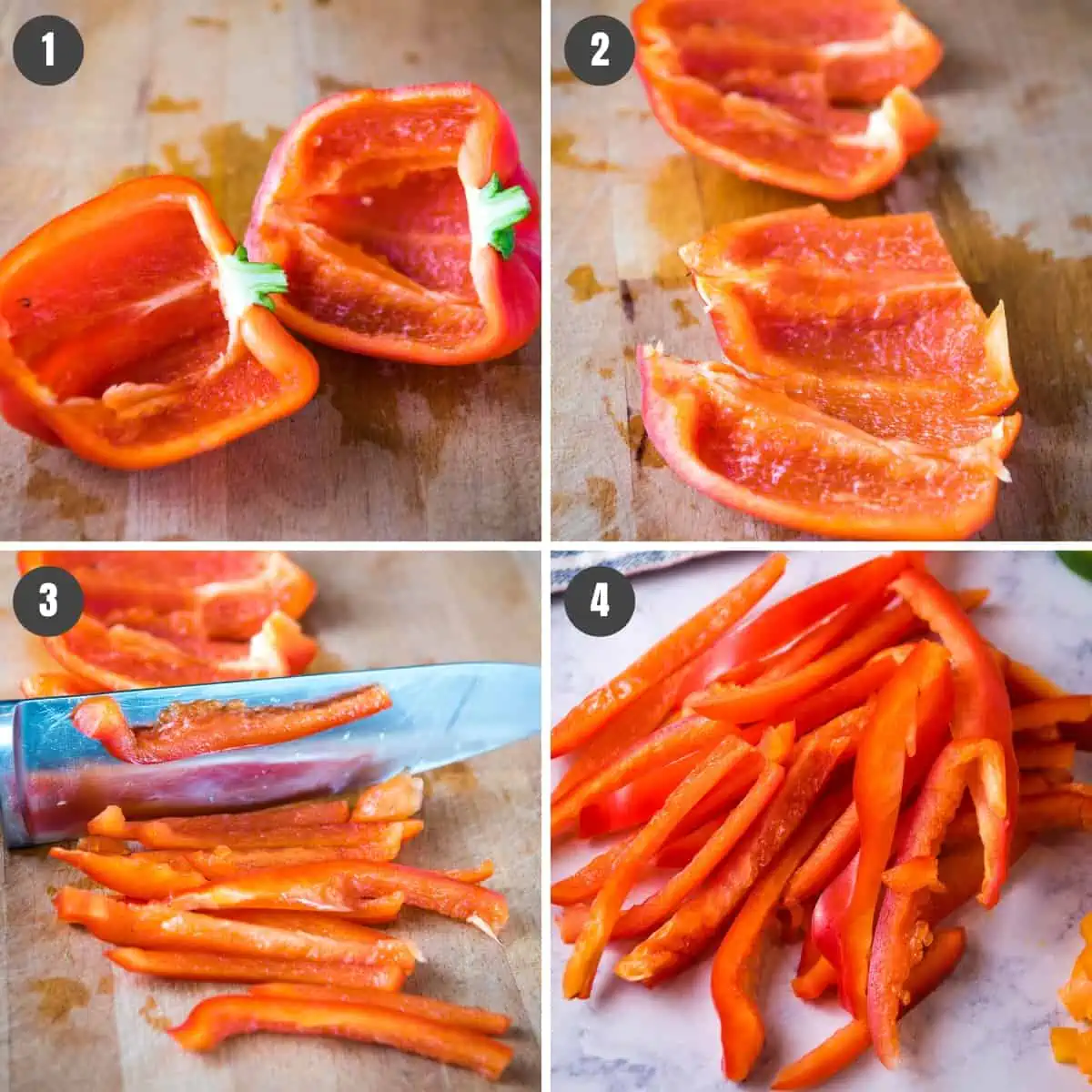 steps for how to slice or julienne red bell peppers into strips on butcher block cutting board