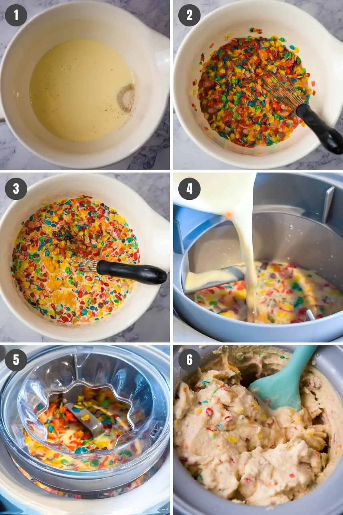 steps for how to make Fruity Pebbles ice cream, including mixing ingredients in large white mixing bowl, pouring into ice cream canister, and freezing in ice cream maker